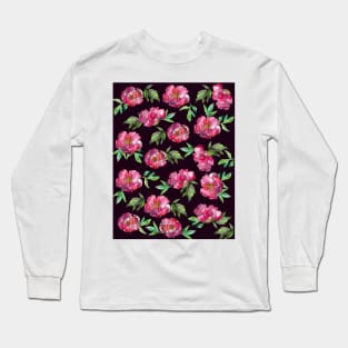 Peonies Flowers Watercolor Ink Cute dark Long Sleeve T-Shirt